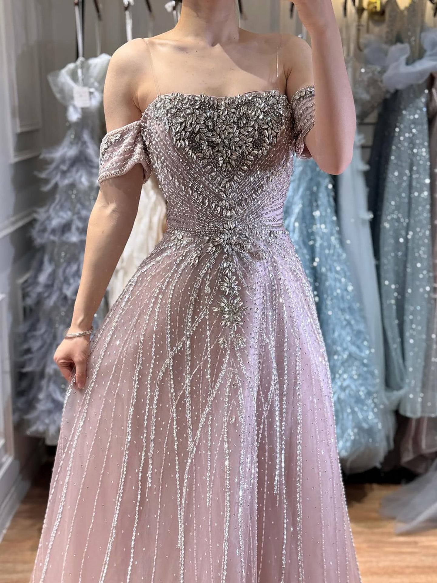 Luxury Dubai Nude Strapless Beaded A-Line Evening Dress CLA73195A