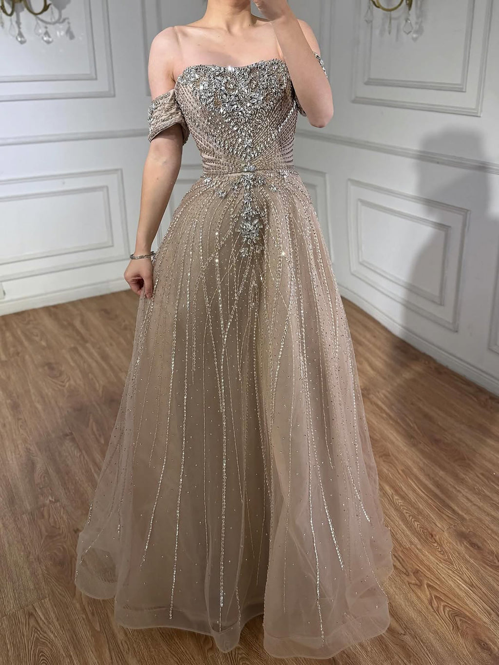 Luxury Dubai Nude Strapless Beaded A-Line Evening Dress CLA73195A