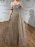 Luxury Dubai Nude Strapless Beaded A-Line Evening Dress CLA73195A