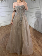 Luxury Dubai Nude Strapless Beaded A-Line Evening Dress CLA73195A