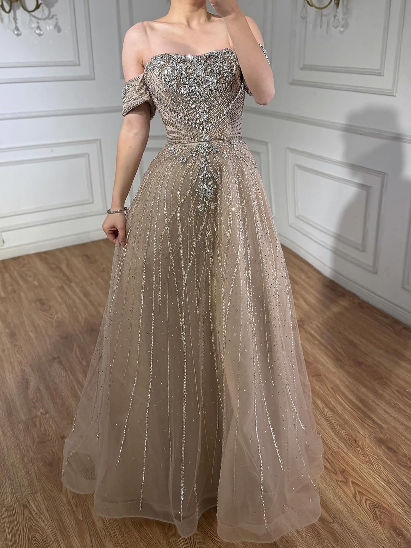Luxury Dubai Nude Strapless Beaded A-Line Evening Dress CLA73195A