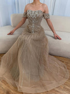 Luxury Dubai Nude Strapless Beaded A-Line Evening Dress CLA73195A