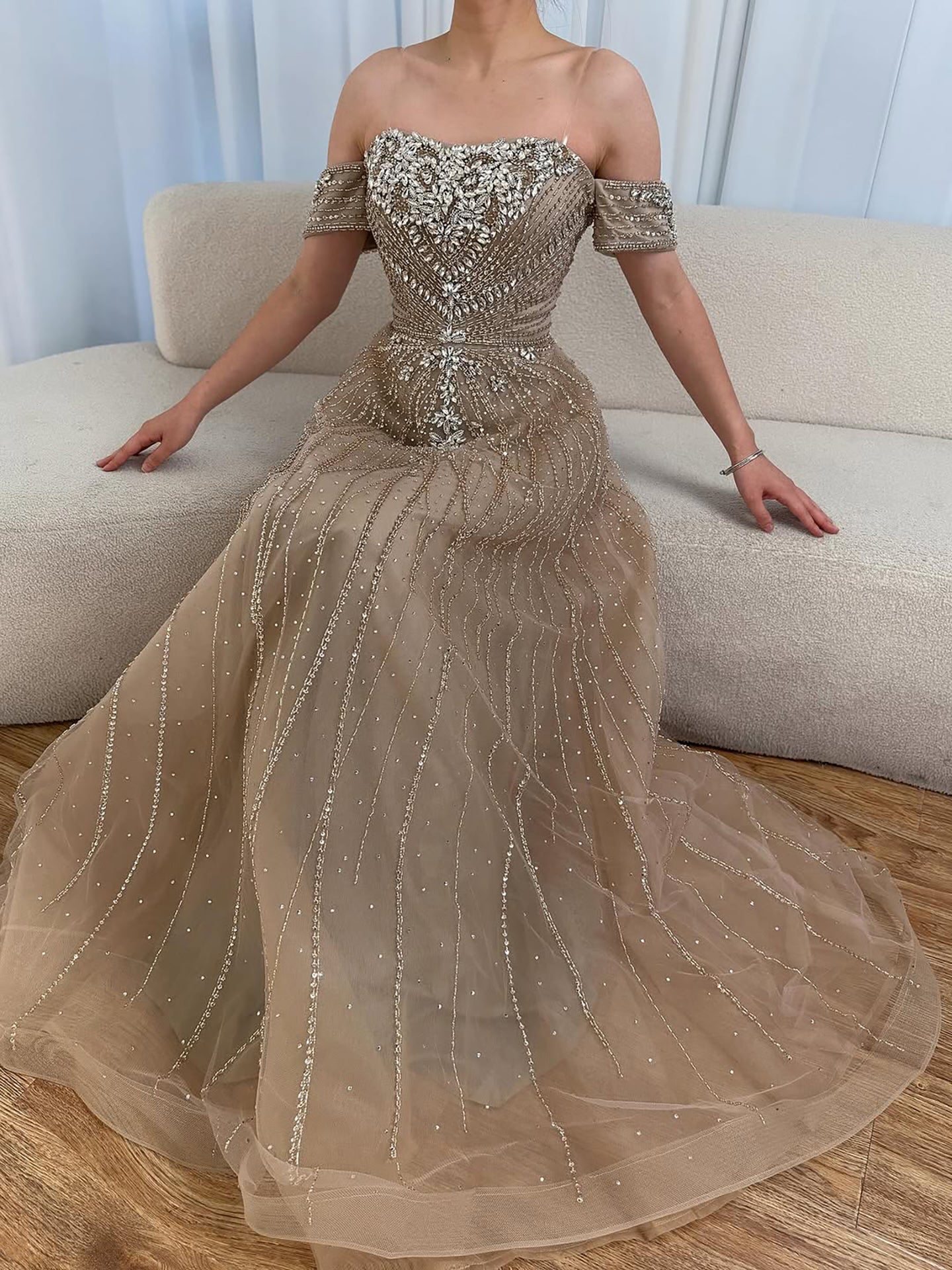 Luxury Dubai Nude Strapless Beaded A-Line Evening Dress CLA73195A