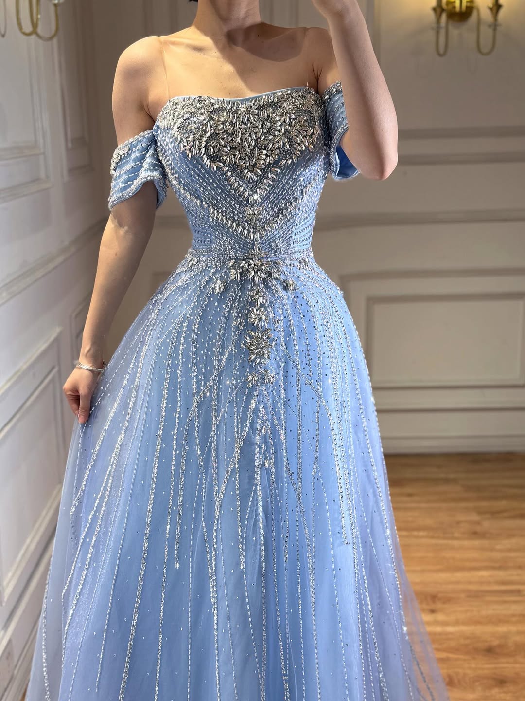 Luxury Dubai Nude Strapless Beaded A-Line Evening Dress CLA73195A