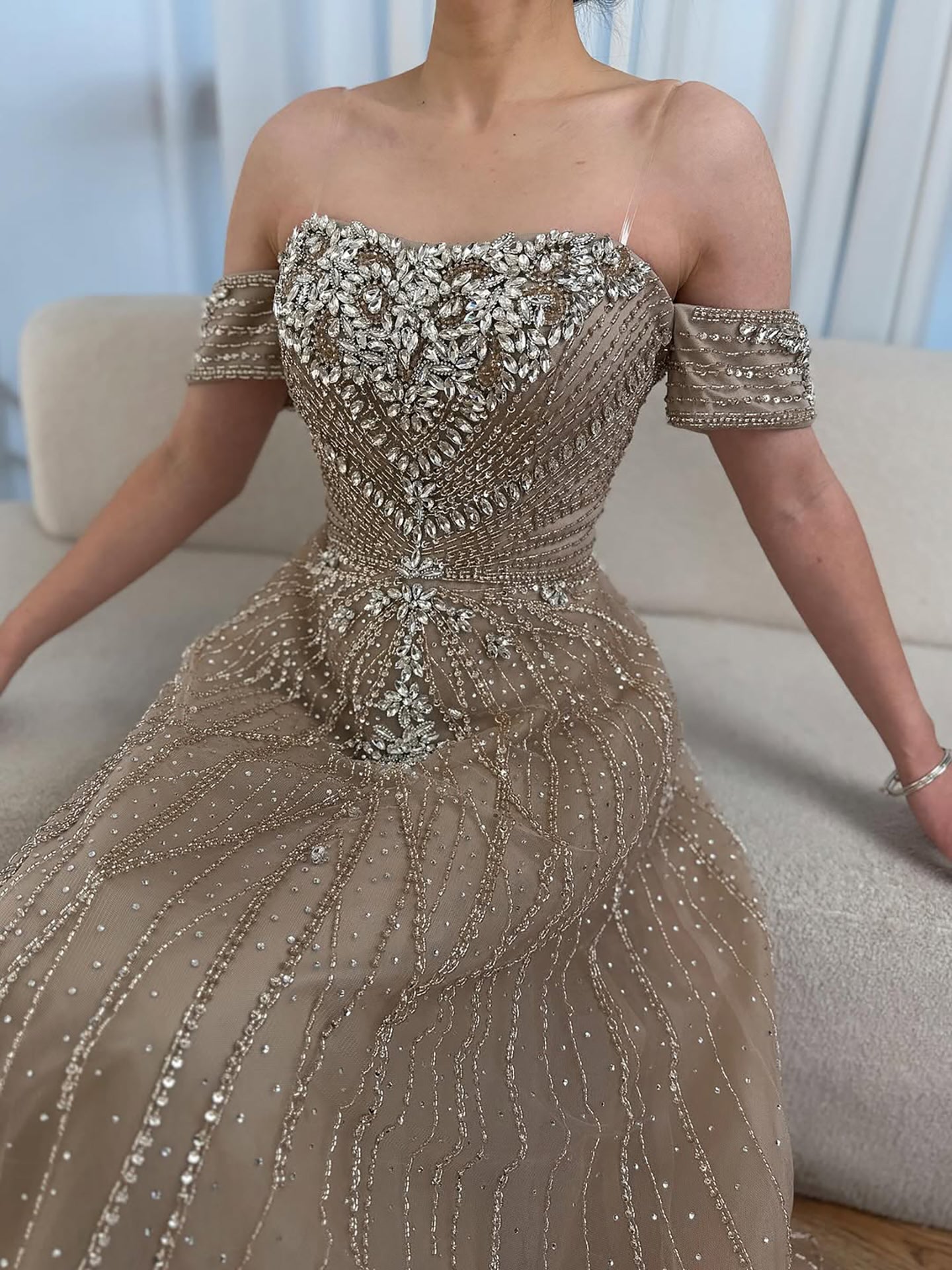 Luxury Dubai Nude Strapless Beaded A-Line Evening Dress CLA73195A