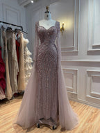 Luxury Pink Beaded Long Sleeve Mermaid Dress With Overskirt LA73198A