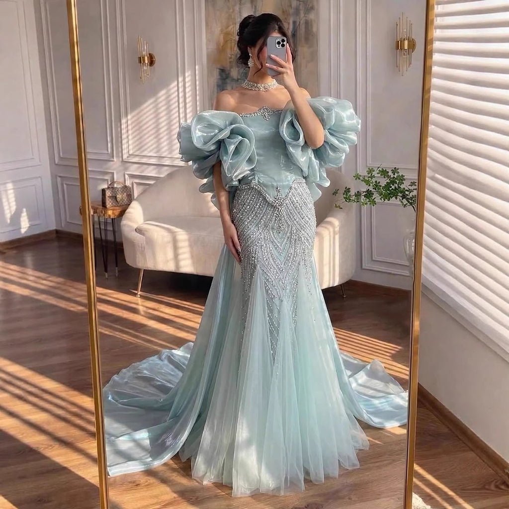 Luxury Sage Green Beaded Mermaid Evening Dress With Detachable Sleeves CLA73201