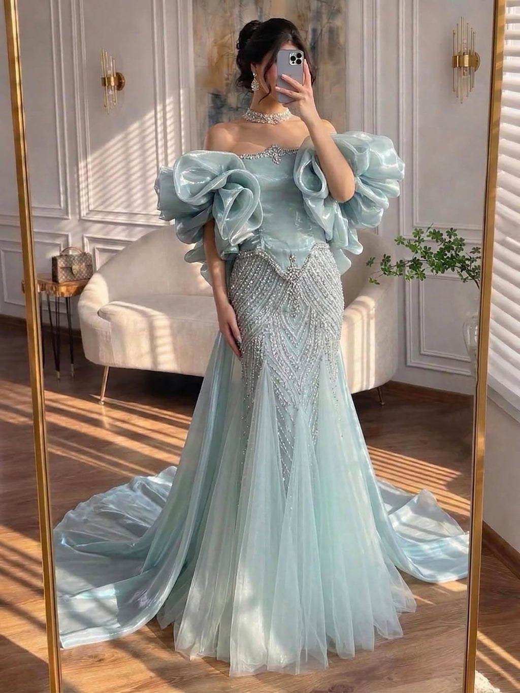 Luxury Sage Green Beaded Mermaid Evening Dress With Detachable Sleeves CLA73201