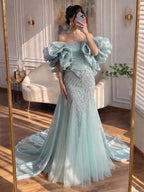 Luxury Sage Green Beaded Mermaid Evening Dress With Detachable Sleeves CLA73201