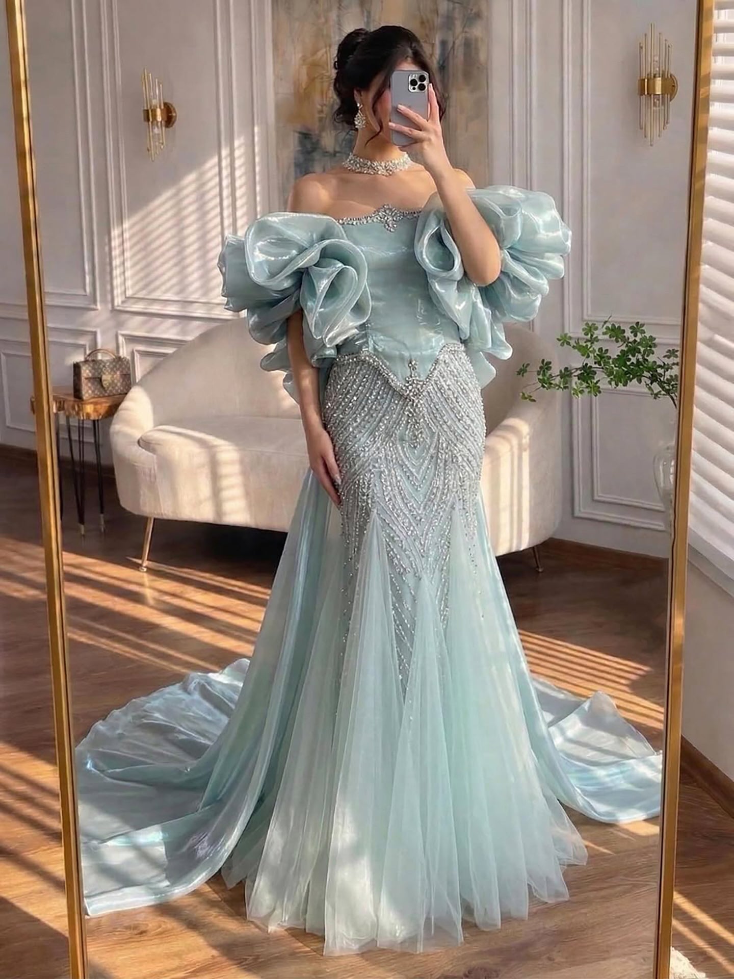 Luxury Sage Green Beaded Mermaid Evening Dress With Detachable Sleeves CLA73201