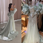 Luxury Sage Green Beaded Mermaid Evening Dress With Detachable Sleeves CLA73201