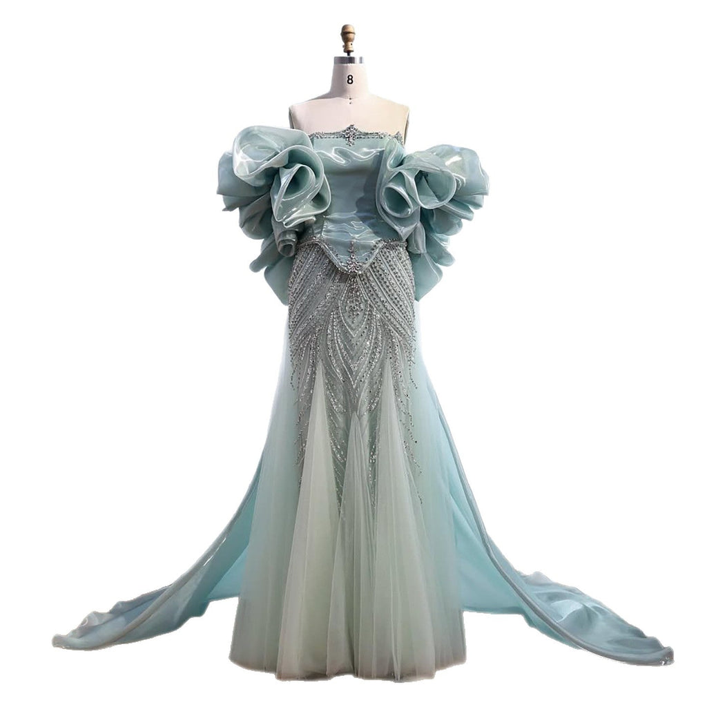 Luxury Sage Green Beaded Mermaid Evening Dress With Detachable Sleeves CLA73201
