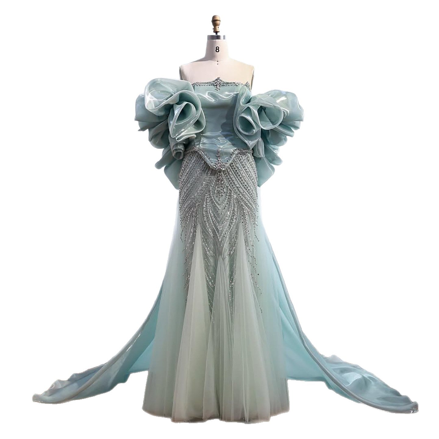 Luxury Sage Green Beaded Mermaid Evening Dress With Detachable Sleeves CLA73201