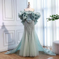 Luxury Sage Green Beaded Mermaid Evening Dress With Detachable Sleeves CLA73201