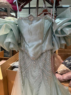 Luxury Sage Green Beaded Mermaid Evening Dress With Detachable Sleeves CLA73201