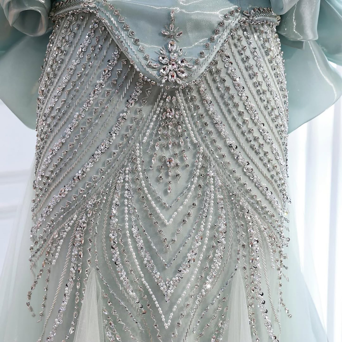 Luxury Sage Green Beaded Mermaid Evening Dress With Detachable Sleeves CLA73201