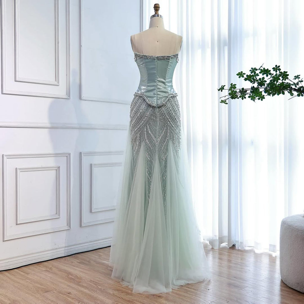 Luxury Sage Green Beaded Mermaid Evening Dress With Detachable Sleeves CLA73201