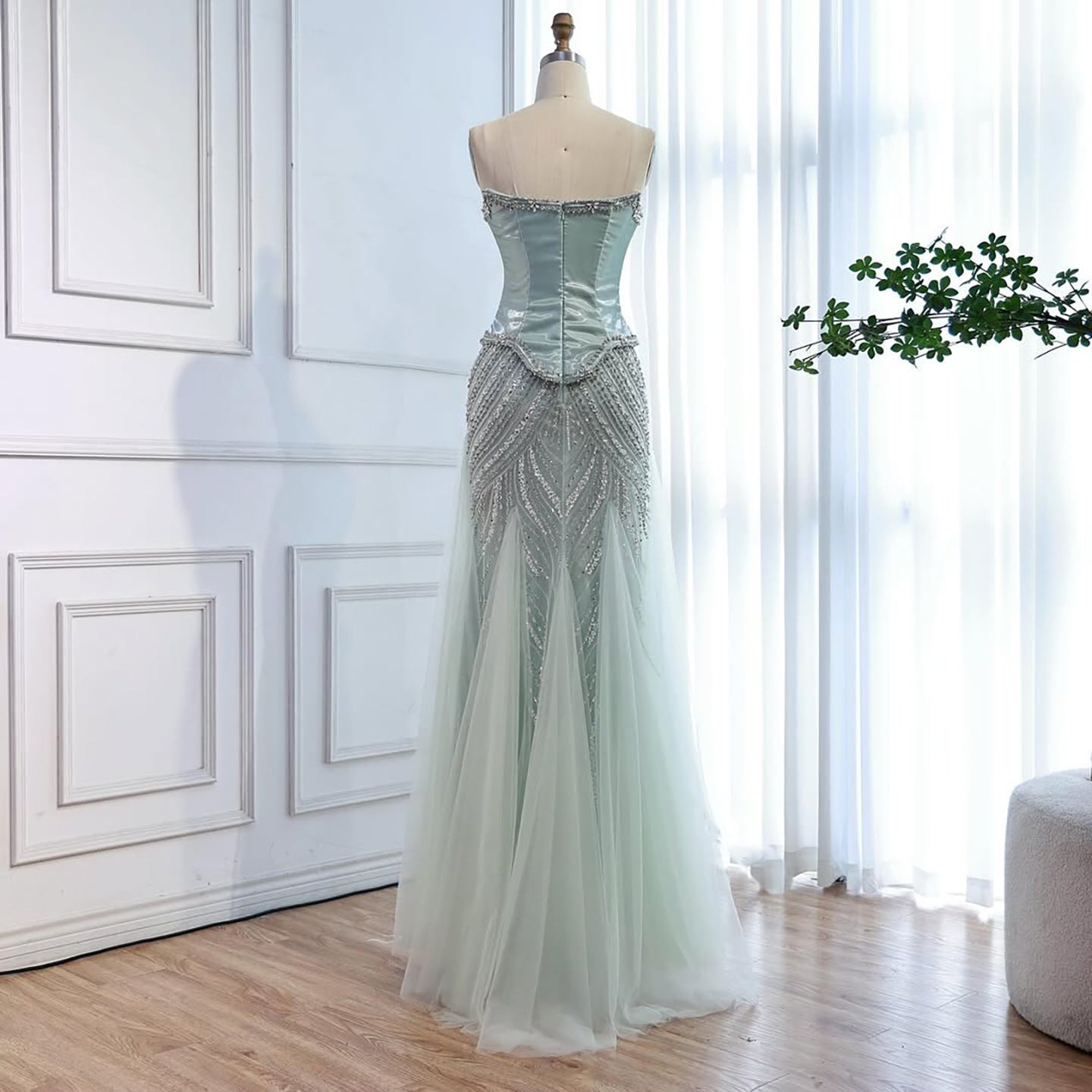 Luxury Sage Green Beaded Mermaid Evening Dress With Detachable Sleeves CLA73201