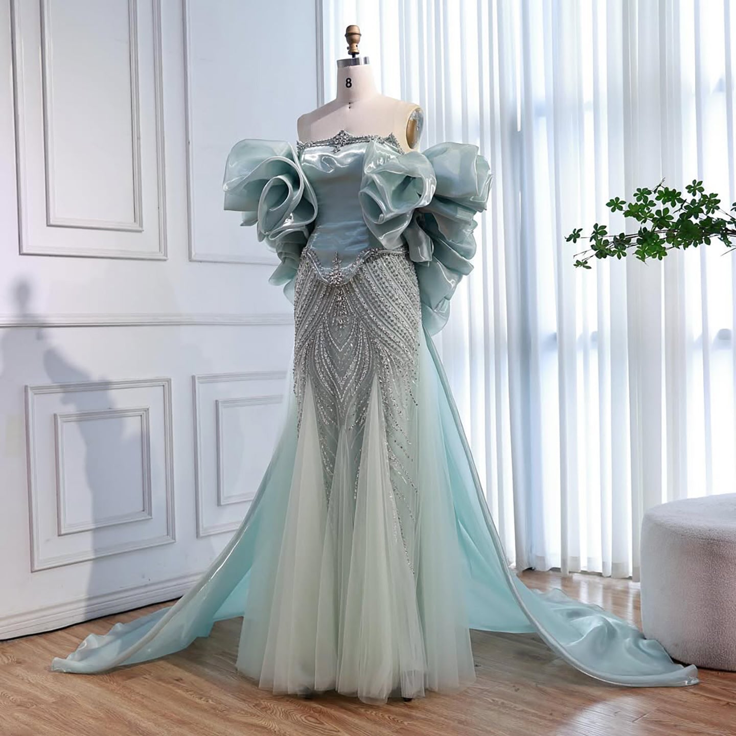 Luxury Sage Green Beaded Mermaid Evening Dress With Detachable Sleeves CLA73201