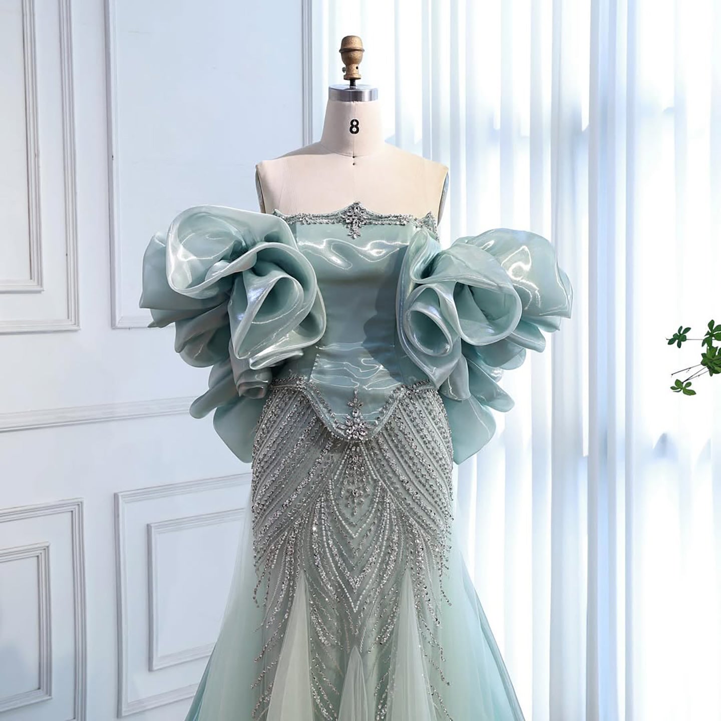 Luxury Sage Green Beaded Mermaid Evening Dress With Detachable Sleeves CLA73201