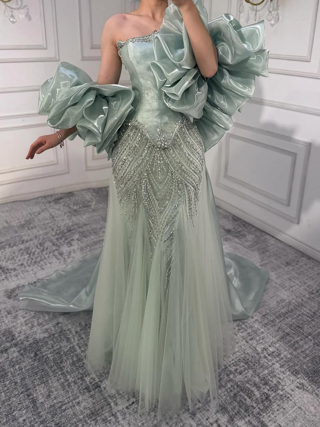 Luxury Sage Green Beaded Mermaid Evening Dress With Detachable Sleeves CLA73201