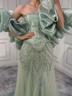 Luxury Sage Green Beaded Mermaid Evening Dress With Detachable Sleeves CLA73201