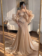 Luxury Sage Green Beaded Mermaid Evening Dress With Detachable Sleeves CLA73201