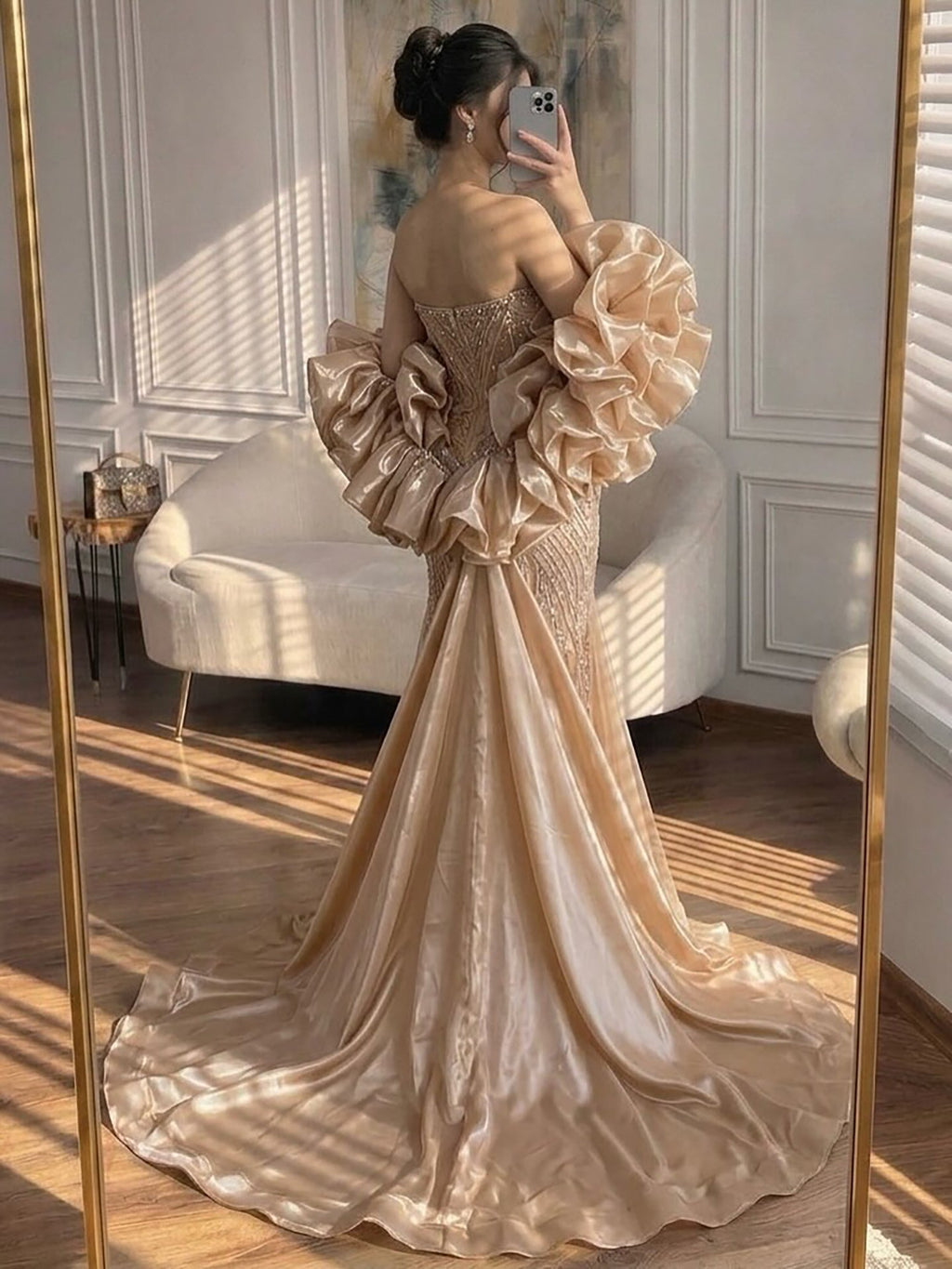 Luxury Sage Green Beaded Mermaid Evening Dress With Detachable Sleeves CLA73201