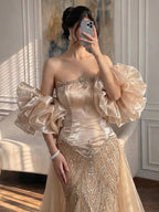 Luxury Sage Green Beaded Mermaid Evening Dress With Detachable Sleeves CLA73201