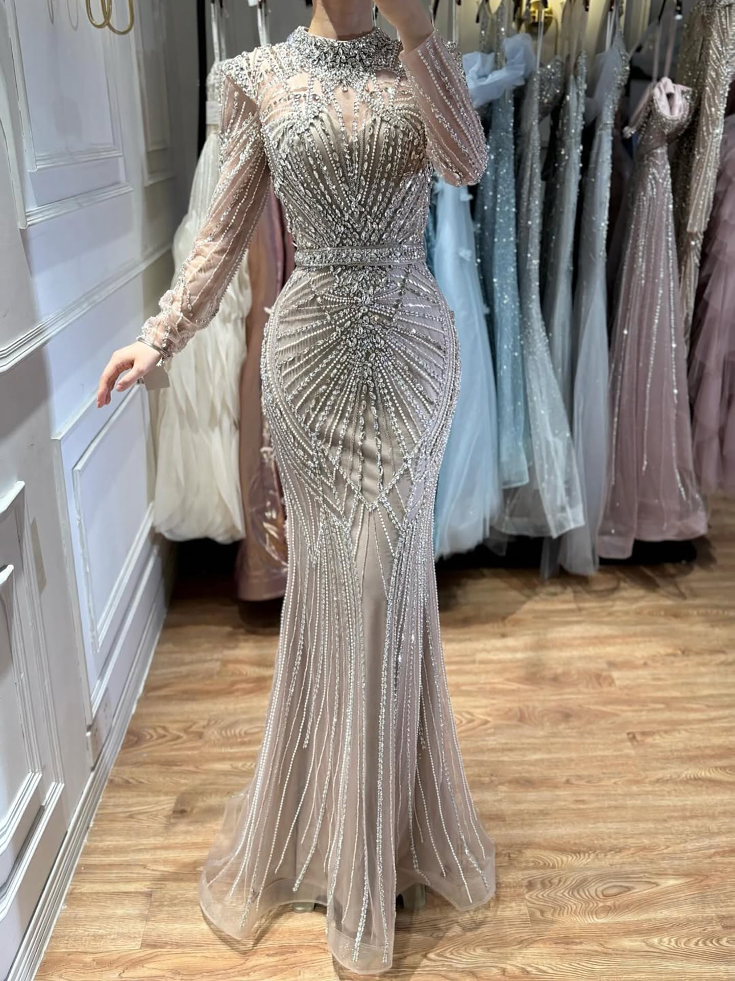 Modest Caramel High Collar Evening Dress For Women Wedding Party CLA73203