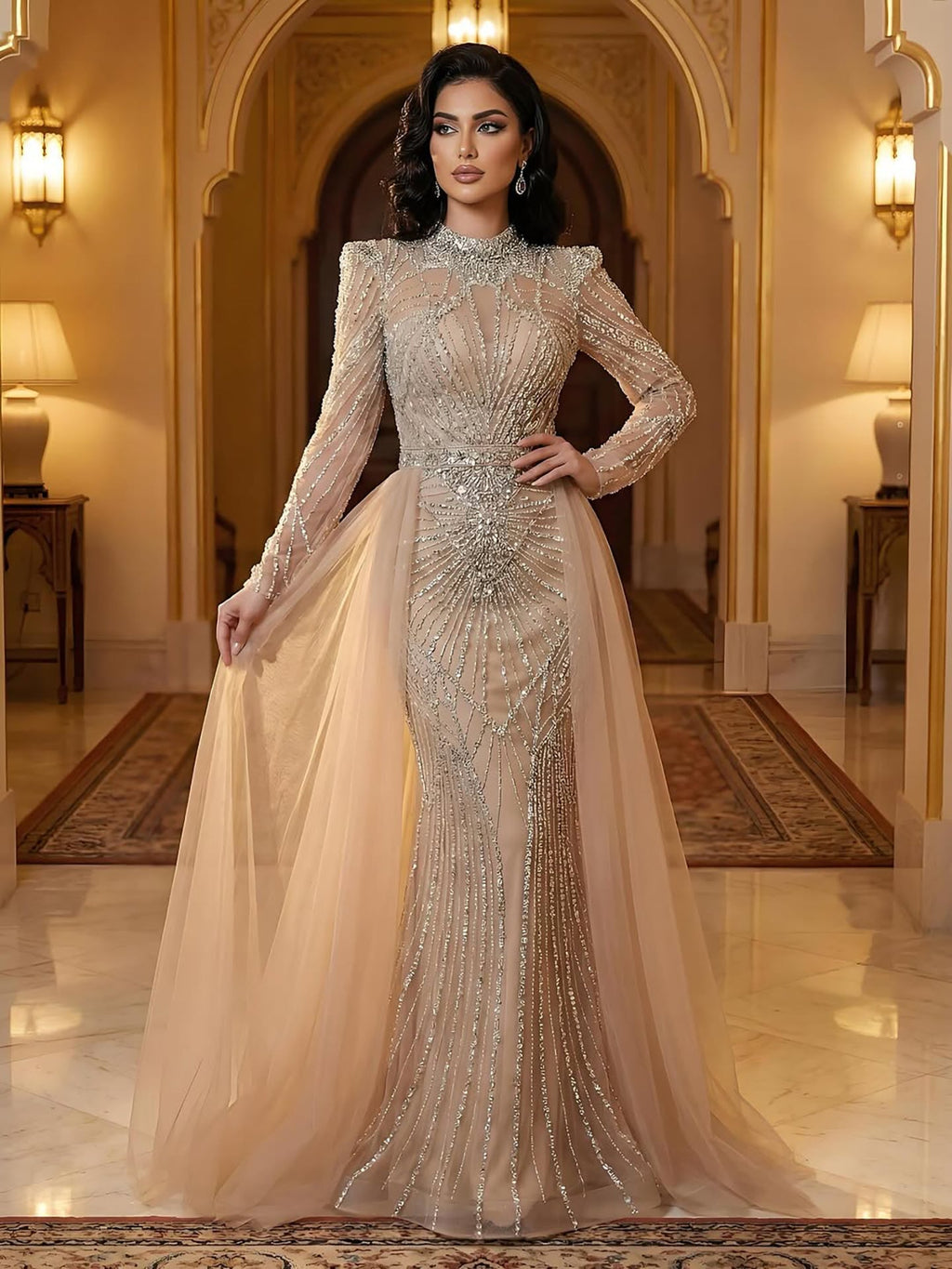Luxury Muslim Nude Beaded Mermaid Evening Dress LA73203A