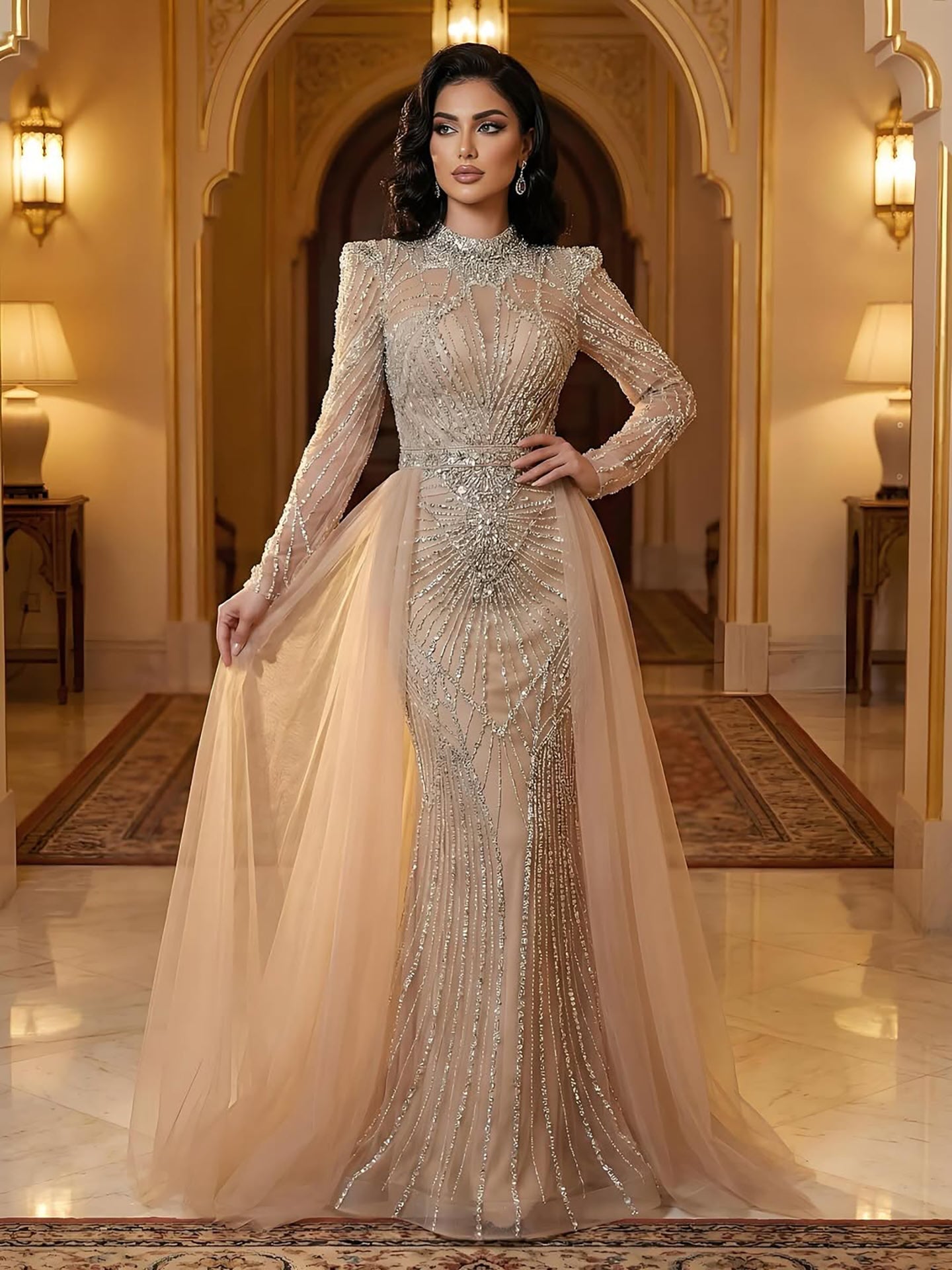 Luxury Muslim Nude Beaded Mermaid Evening Dress LA73203A
