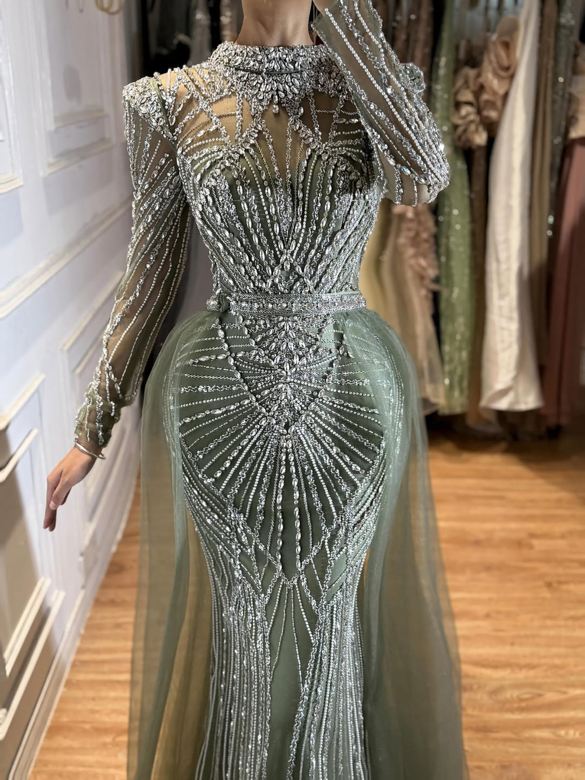 Luxury Modest Muslim Nude Beaded Mermaid Evening Dress CLA73203A