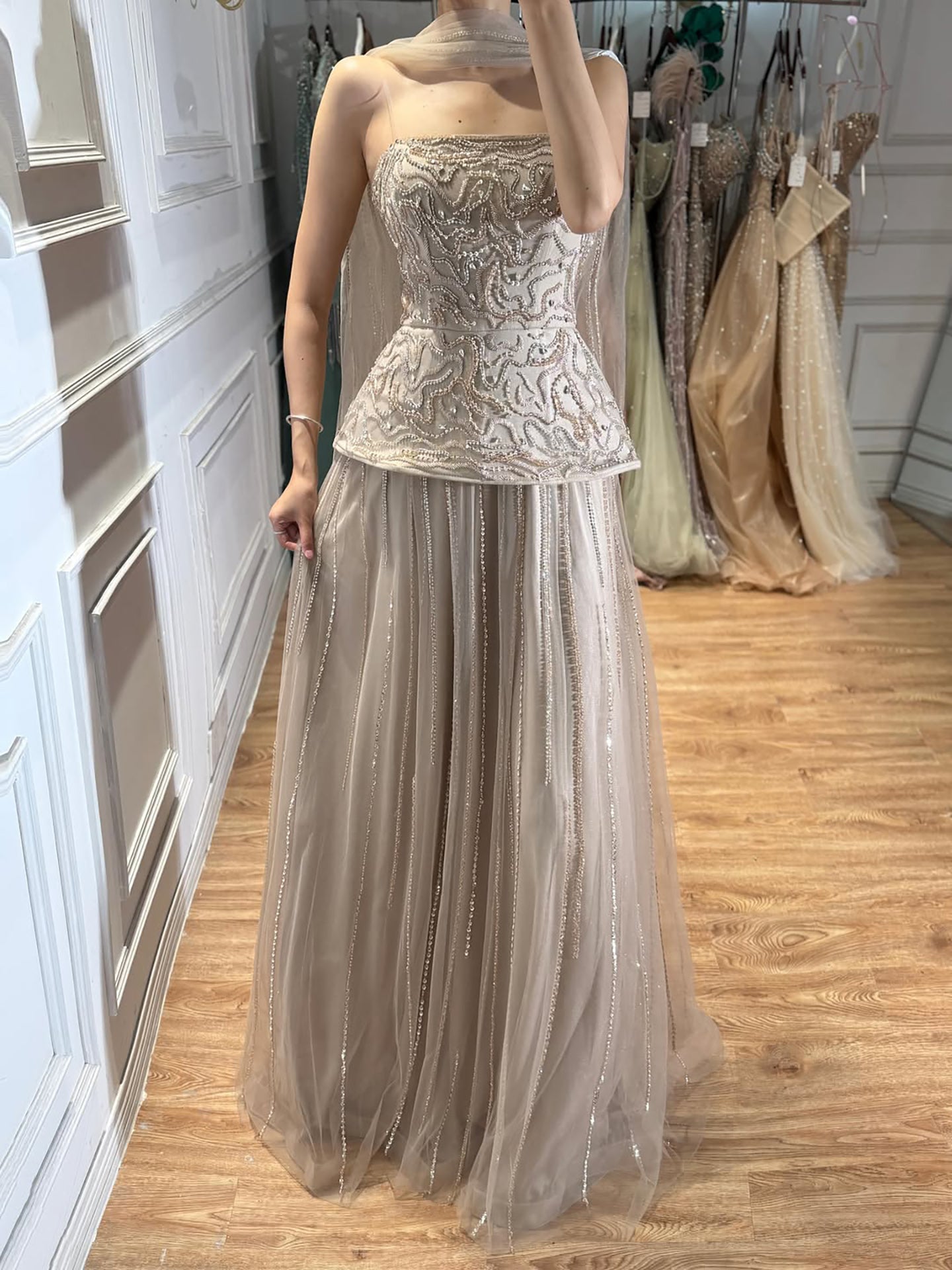 Luxury Pink Two Piece Beaded Evening Gown CLA73207