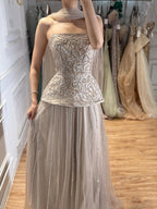 Luxury Pink Two Piece Beaded Evening Gown CLA73207