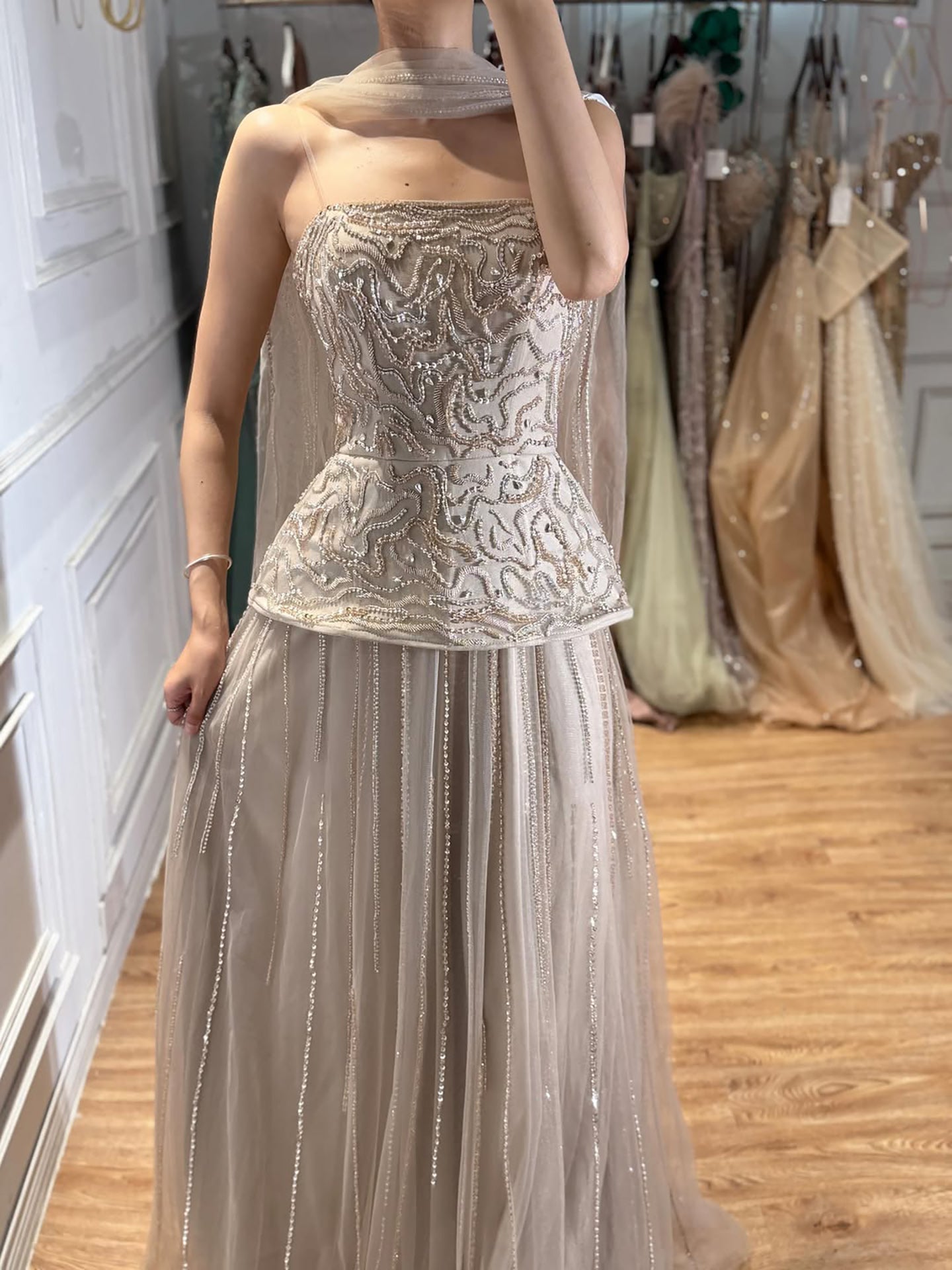 Luxury Pink Two Piece Beaded Evening Gown CLA73207