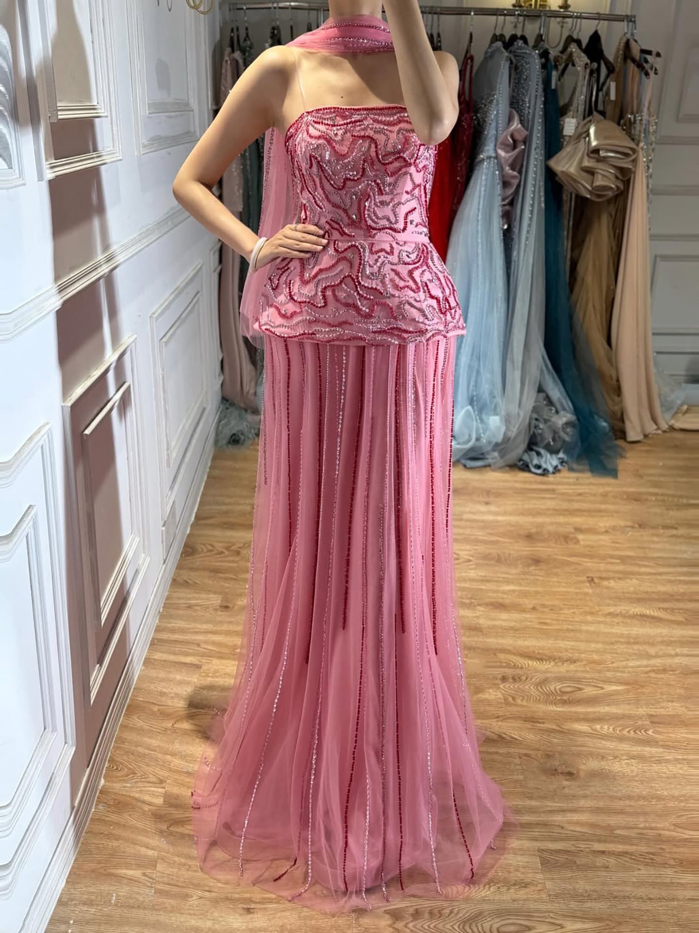 Luxury Pink Two Piece Beaded Evening Gown CLA73207