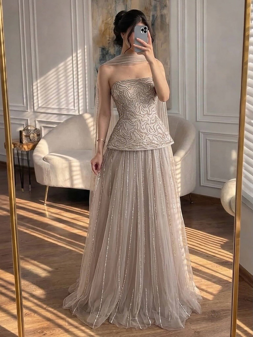 Luxury Pink Two Piece Beaded Evening Gown CLA73207