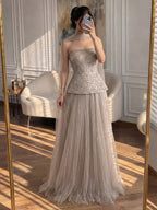 Luxury Pink Two Piece Beaded Evening Gown CLA73207