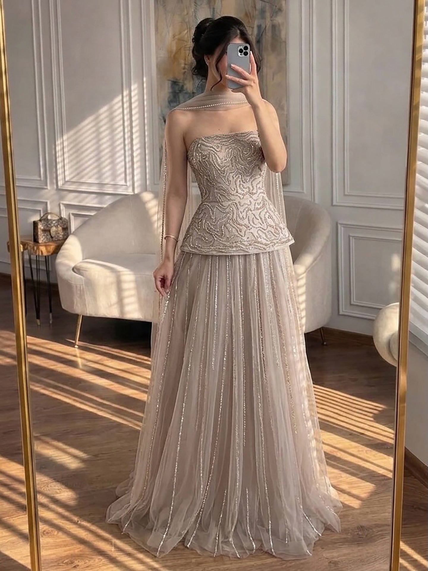 Luxury Pink Two Piece Beaded Evening Gown CLA73207