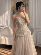 Luxury Pink Two Piece Beaded Evening Gown CLA73207