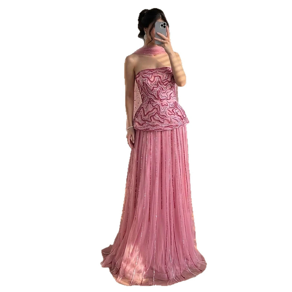 Luxury Pink Two Piece Beaded Evening Gown CLA73207