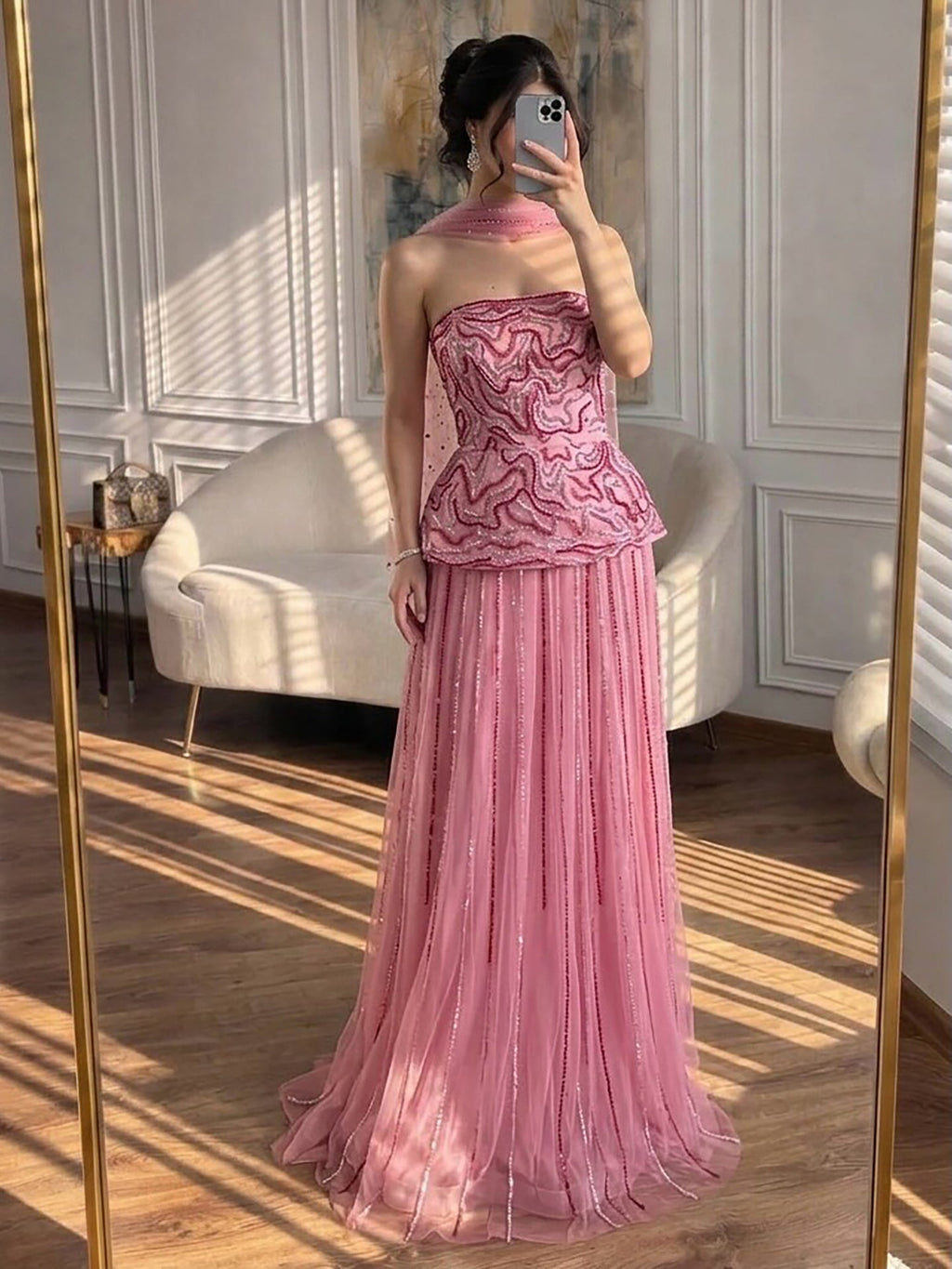 Luxury Pink Two Piece Beaded Evening Gown CLA73207