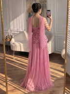 Luxury Pink Two Piece Beaded Evening Gown CLA73207