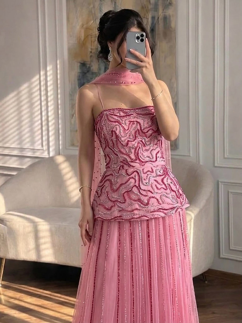 Luxury Pink Two Piece Beaded Evening Gown CLA73207