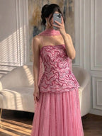 Luxury Pink Two Piece Beaded Evening Gown CLA73207
