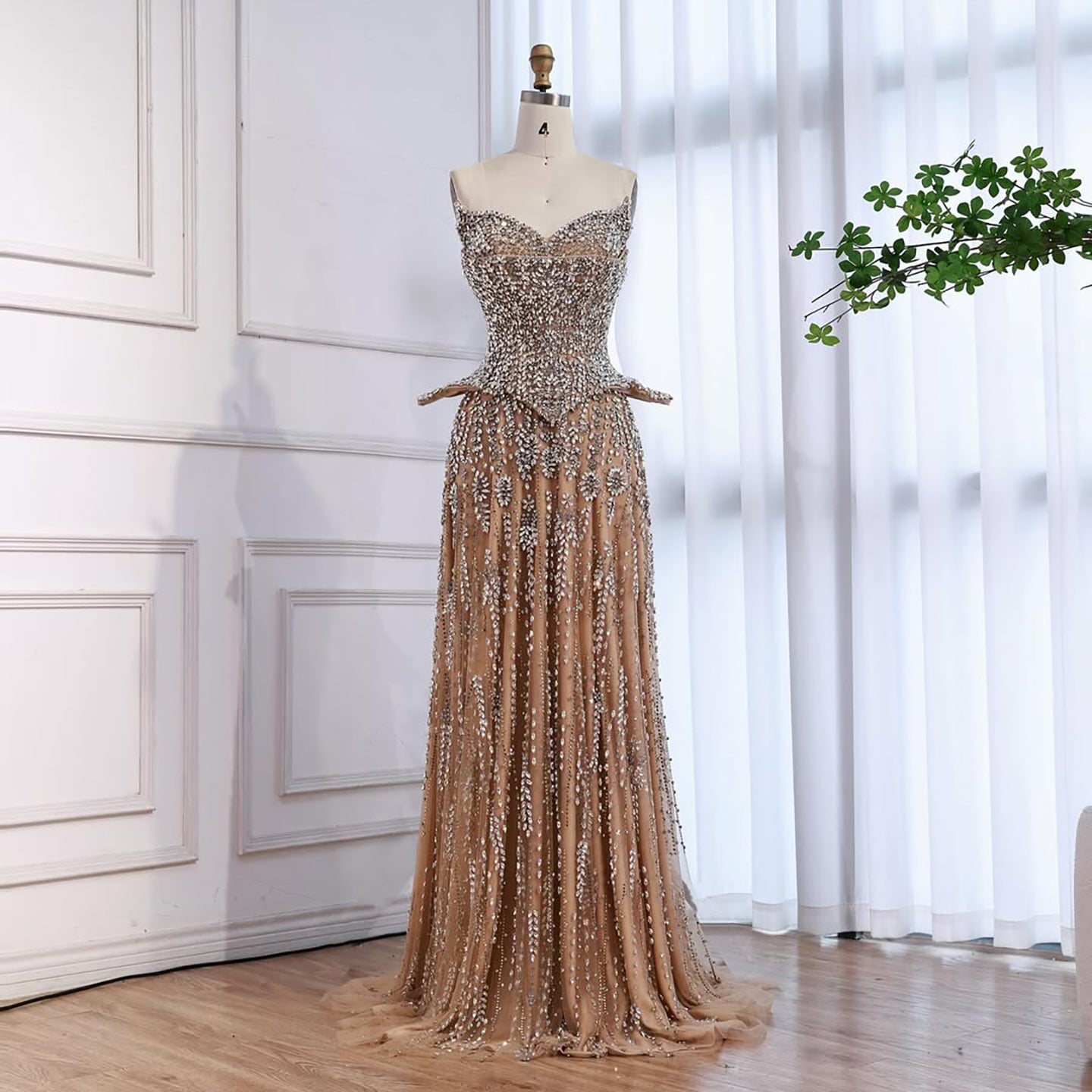 Kosovo Luxury Full Diamonds Beaded A-Line Evening Dress Nude Strapless Women Red Carpet Gown CLA73209