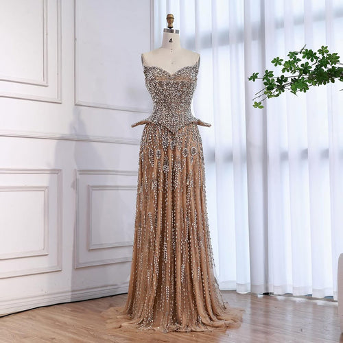 Kosovo Luxury Full Diamonds Beaded A-Line Evening Dress Nude Strapless Women Red Carpet Gown CLA73209