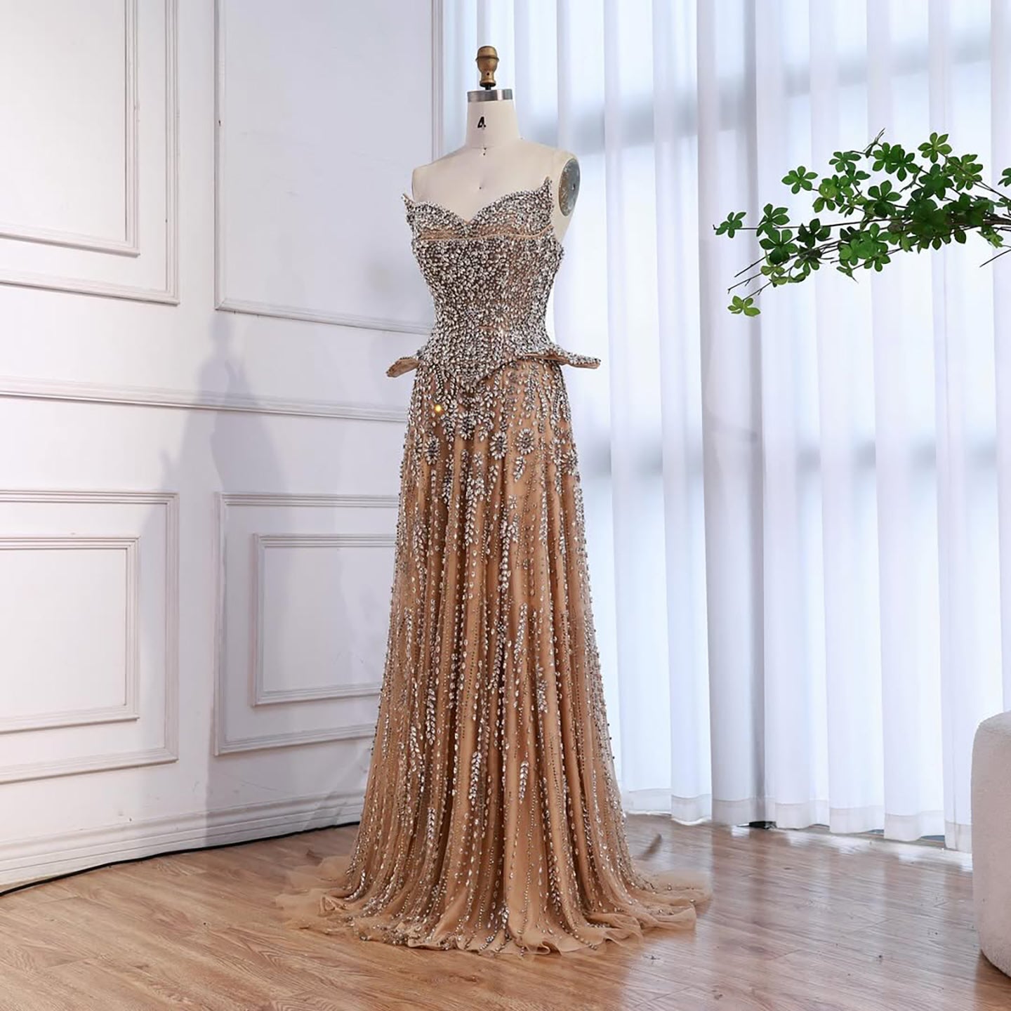 Kosovo Luxury Full Diamonds Beaded A-Line Evening Dress Nude Strapless Women Red Carpet Gown CLA73209