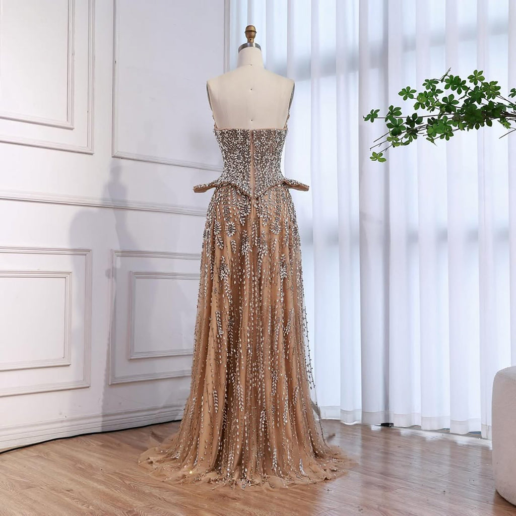 Kosovo Luxury Full Diamonds Beaded A-Line Evening Dress Nude Strapless Women Red Carpet Gown CLA73209